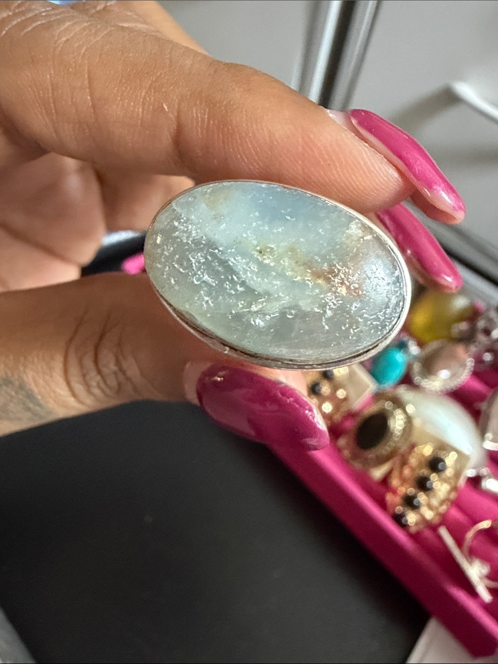 925 Silver-Oval Aquamarine Statement Ring - Pink Accent